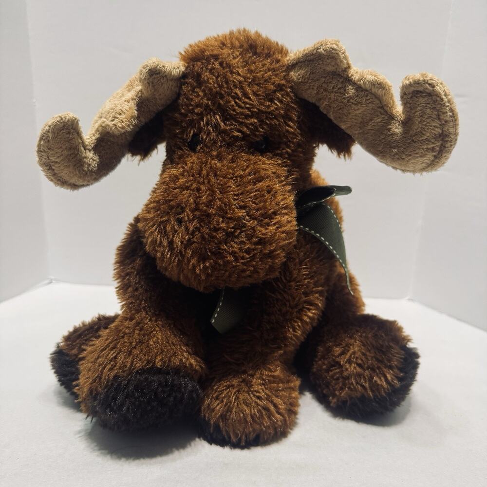 Mary Meyer 12” Sitting Moose Plush Stuffed Animal Brown Green Ribbon Collar